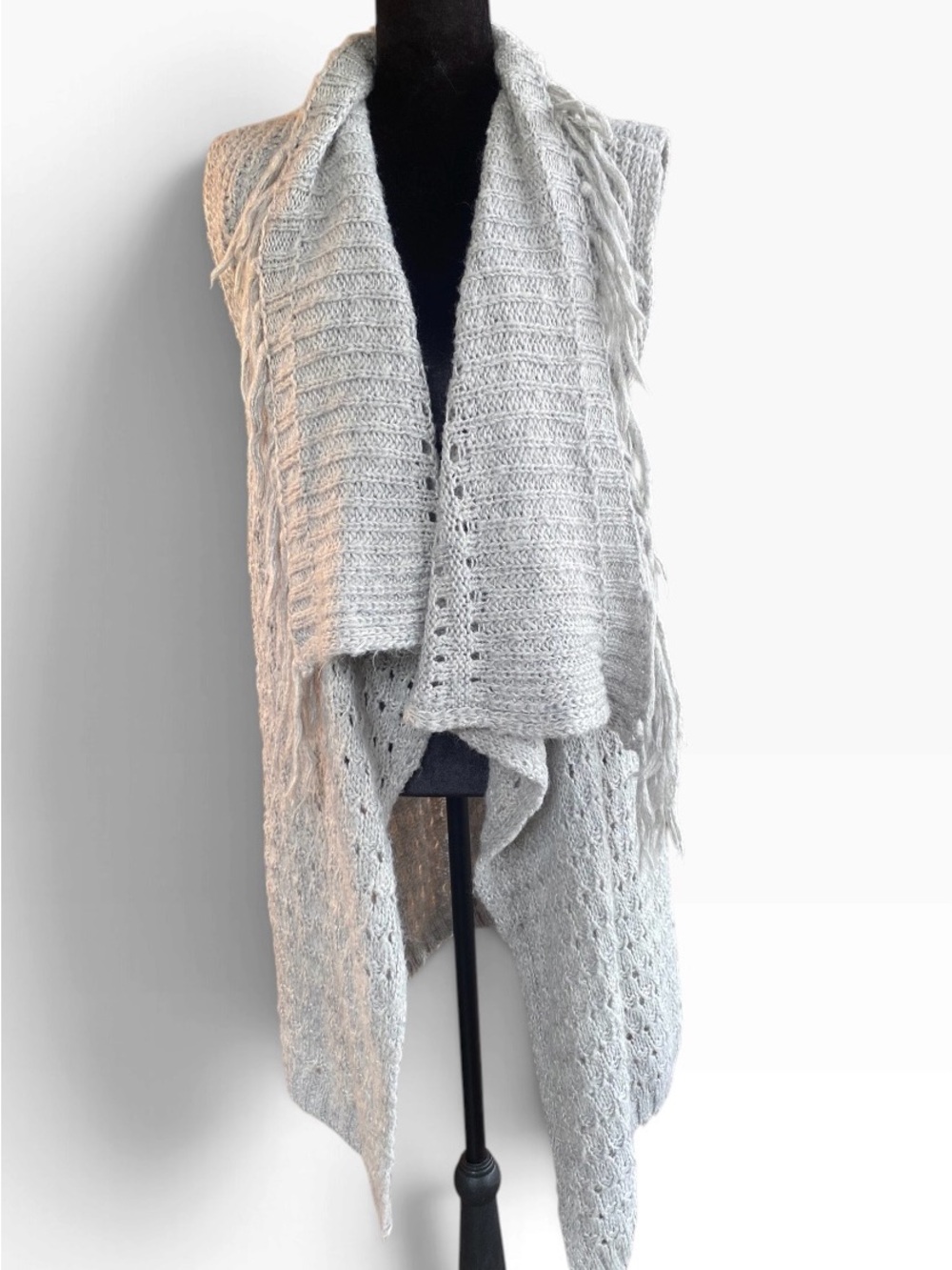 Knox Rose XXL Gray Fringe Sweater Vest Duster Boho Open Knit Alpaca Blend
